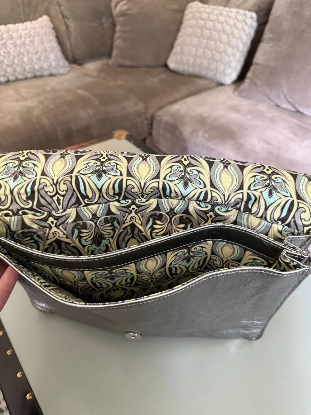 mark. Metallic Silver Fold-Over Clutch with Dark Accent Clasp
